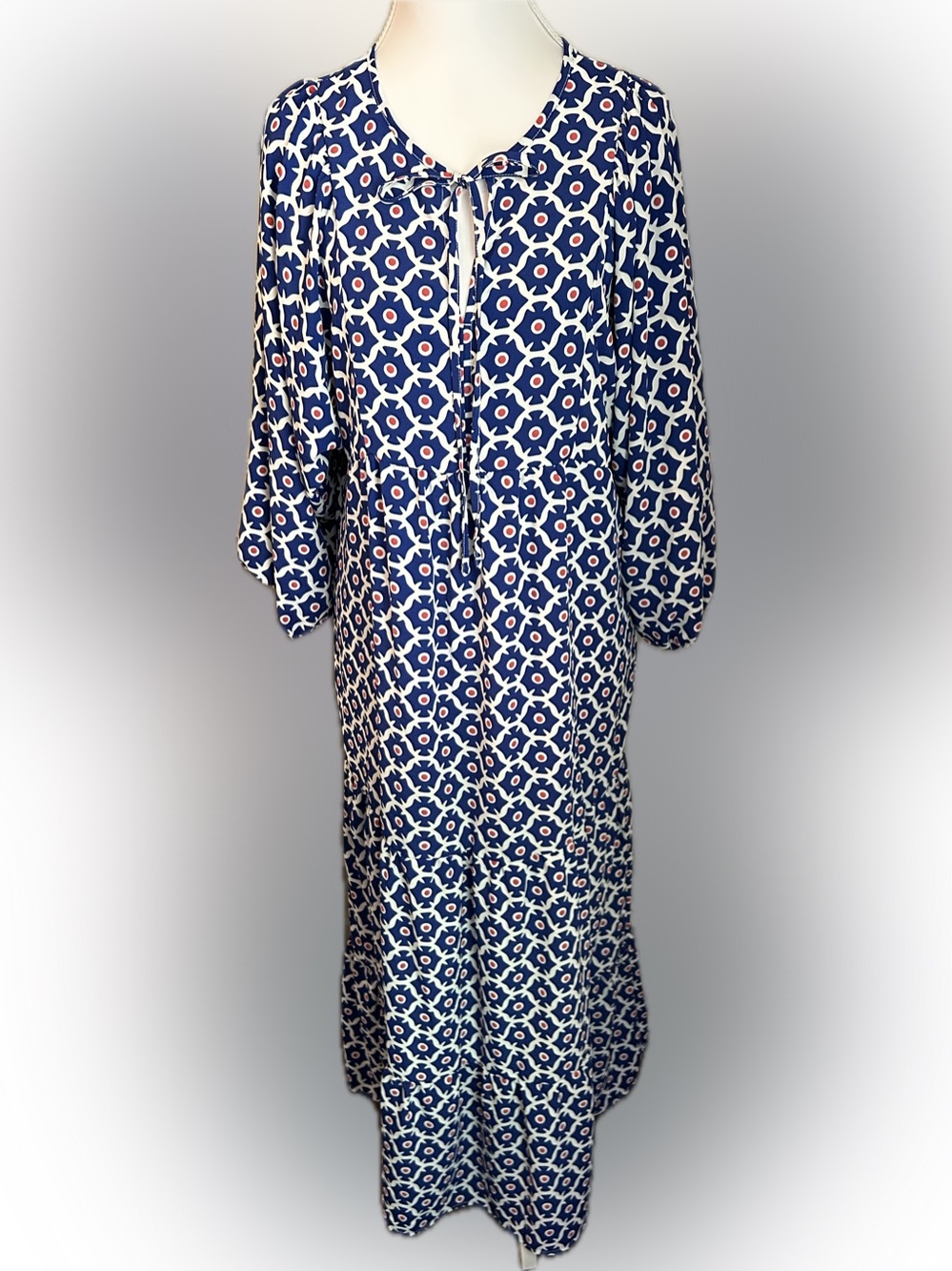 Women’s Blue Geometric Print Maxi Dress with Tie Neck - Oversized Small